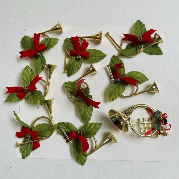 Gold Horn Napkin Rings Poinsettia Green Red Bells Christmas Holiday Party - Picture 1 of 6